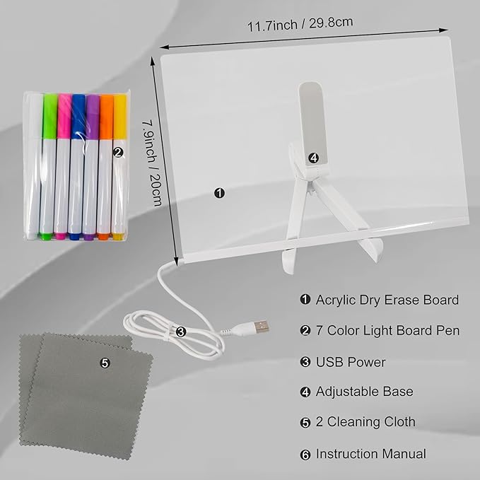 GraduationMall Acrylic Dry Erase Board with Light 11.8 X 7.9 LED Note Message Glass Board with Stand Kids Graduation Gifts for Office School Home