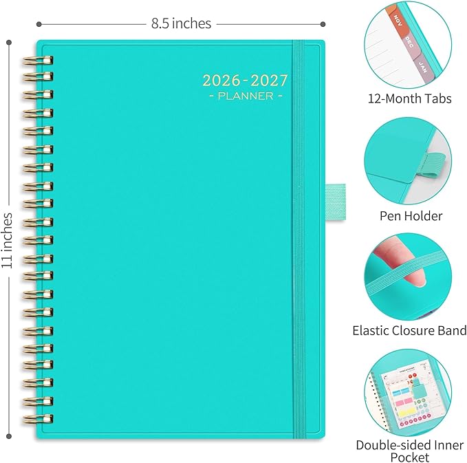 RETTACY Academic Planner 2026-2027, Weekly and Monthly, July 2026 - June 2027, Large Size (8.5" x 11"), Calendar, Agenda, 12-Month Tabs, for Student, Teacher, School (Tiffani Blue)