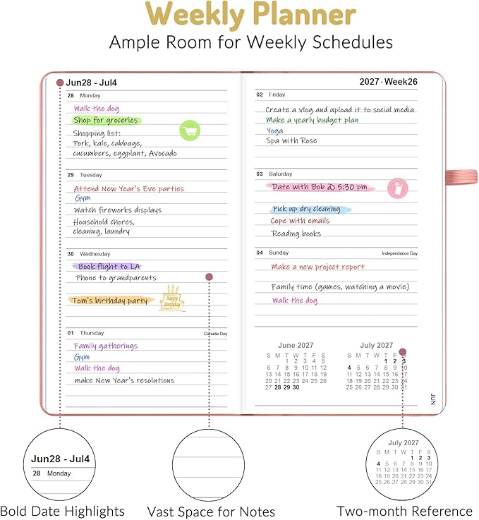 Forvencer Pocket Planner 2026-2027, Weekly Monthly Planners for Purse, 3.5" x 6", July 2026 - June 2027, Cute Small Daily Academic Calendar, Elastic Band, Hardcover Agenda for Women, Teacher