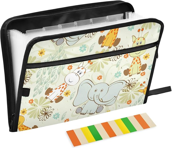 Cartoon Giraffe Elephant 13 Pockets Expanding File Folder with Sticky Labels Accordion File Folder Document Organizer Letter Size A4 Papers Expandable File Keeper