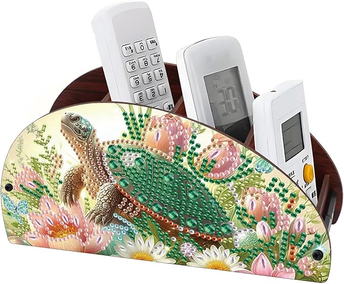 Remote Control Holder with 4 Compartments, DIY Diamond Art Painting Wooden Half Moon TV Control Holder for Remote Controllers, Office Supplies, Makeup Brush, Media Accessories-Turtle