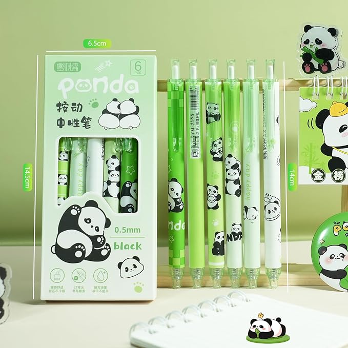 12 Pcs Cartoon Retractable Gel Ink Pens, 0.5mm Fine Tip Black Ink Cute Panda Pen Set, Ideal for Office, School, Women & Men (Black Ink - Panda)