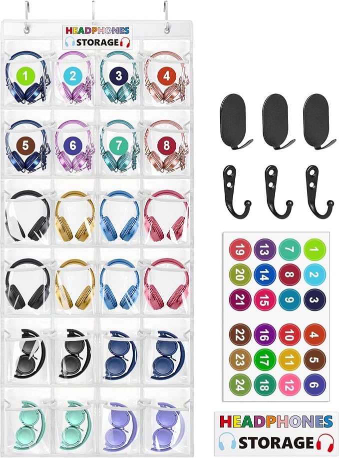 Enlarged Headphone Storage Classroom, 24 Large Pockets PVC Clear Headphone Holder for Classroom,with 3 Kinds of Mounting Accessories and Headphone Storage Stickers & Digital Stickers
