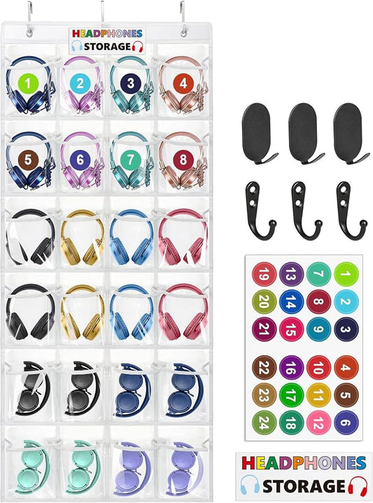 Enlarged Headphone Storage Classroom, 24 Large Pockets PVC Clear Headphone Holder for Classroom,with 3 Kinds of Mounting Accessories and Headphone Storage Stickers & Digital Stickers