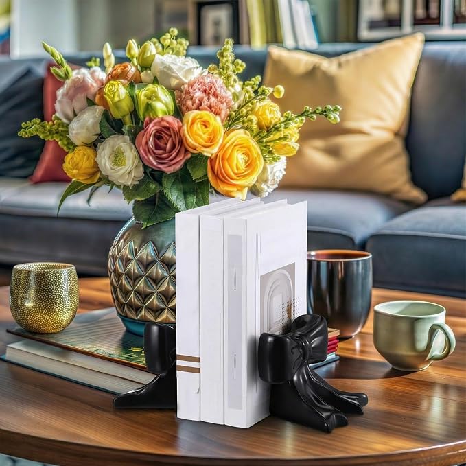Leinuosen 2 Pcs Black Bow Bookends Ceramic Cute Book Ends Decorative Book Stand Bow Sculpture Statues Tabletop Shelf Bookstopper Room Decor for Home Office School Dorm Girl Desk