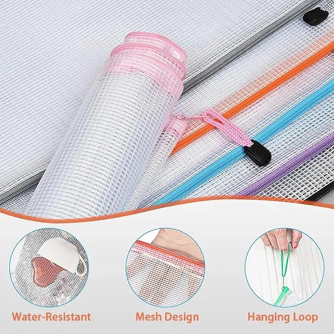 Krvyrn Mesh Zipper Pouches, 12 Pack A3 Waterproof Zipper Pouches for Board Game Storage, Puzzle Storage, Office and School Supplies, Home, Travel Organizer