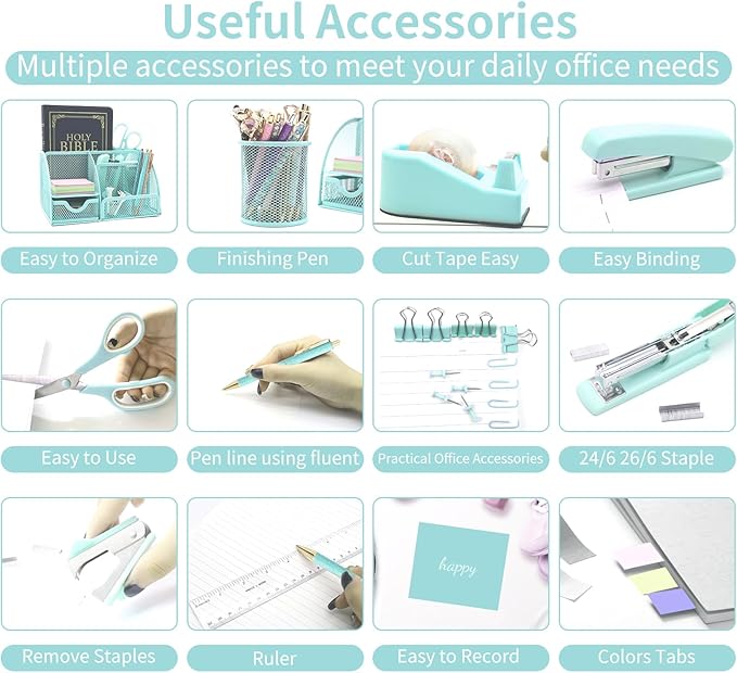 12 in 1 Green Desk Organizers & Accessories Set, Office Supplies Include Stapler, Pen Holder, Tape Holder, Scissors, Ruler, Staple Remover for Home & School