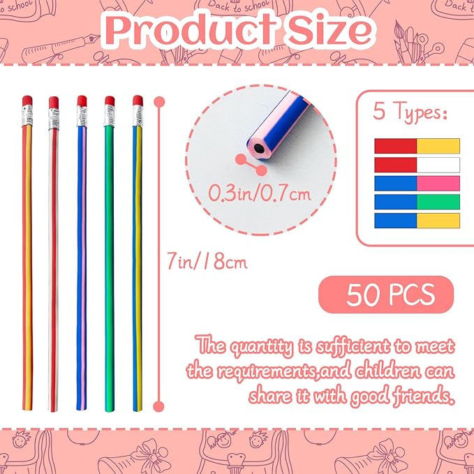 50 Pack Flexible Bendy Pencil,Colorful Stripe Soft Rubber Pencils with Erasers,Bendable Soft Pencil for Kids,Classroom Gifts,Goodie Bag Fillers