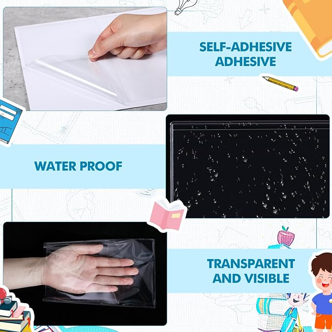 Outus 200 Pcs Self Adhesive Shop Ticket Holders Clear Plastic Sleeves Adhesive Pockets Work Order Job Ticket Holders for Back to School Student Label Home Office Posting Signs (5 x 8 Inch)