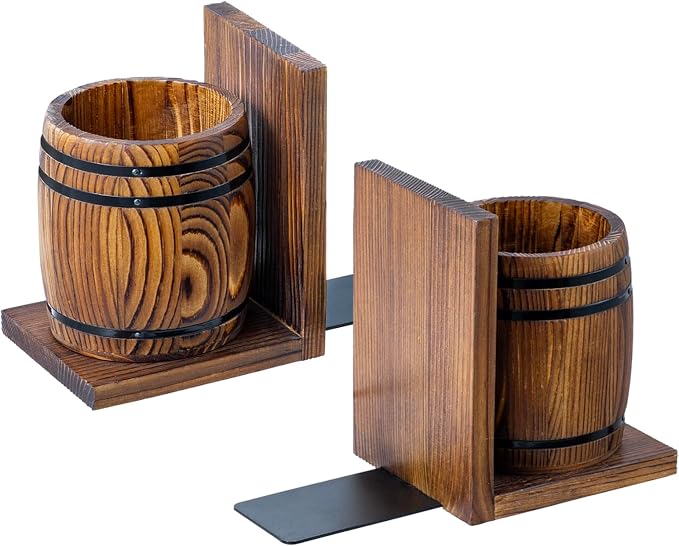 MyGift Wood Decorative Bookends with Pencil Holder, Office Desk Books Ends and Pen Holders as Vintage Wooden Barrels, Heavy Duty Bookends for Shelves, Rustic Burnt Brown Wine Barrel Design,1 Pair