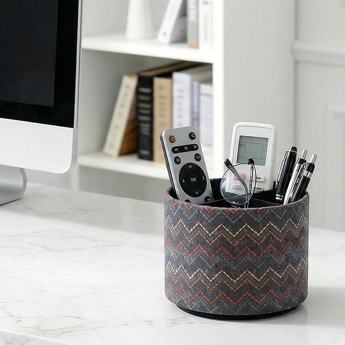 Round Leather Art Supply Organizer,Remote Control Holder,360 Degree Spinning,Multi-Functional Pencil Holder,4 Compartments Desktop Stationary Organizer(1-Red Yellow Blue Wave)