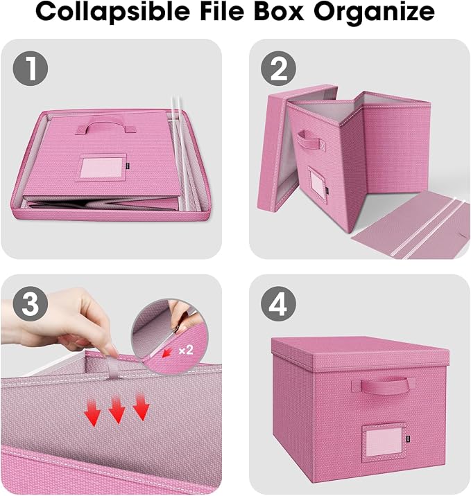 File Organizer Boxes with Lid, Linen Hanging File Storage Boxes with Handle, Collapsible Document Filling Boxes for Letter/Legal Folder, Portable File Box for Office/Decor/Home (2 Pack, Pink)