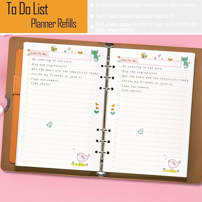 Rancco A5 Planner Inserts to Do List, 90 Pages Colorful 6-Ring Loose-leaf Planner Refills w/Binder Divider, Zipper Pouch, Ruler, Index Tab for Personal Journal, Filofax, Double-sided,Undated,5.5×8.3"