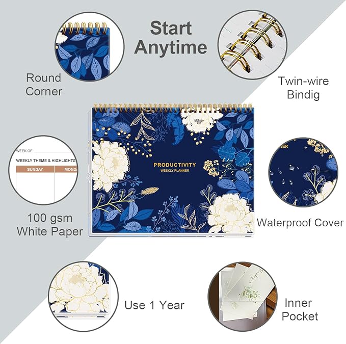 Weekly Productivity Planner - 8.5" x 11" Dashboard Desk Notepad Has 6 Focus Areas to List Tasks for Goals, Projects, Clients, Academic or Meal-Organize Your Daily Work Efficiently, 54 Weeks, Blue Leaf