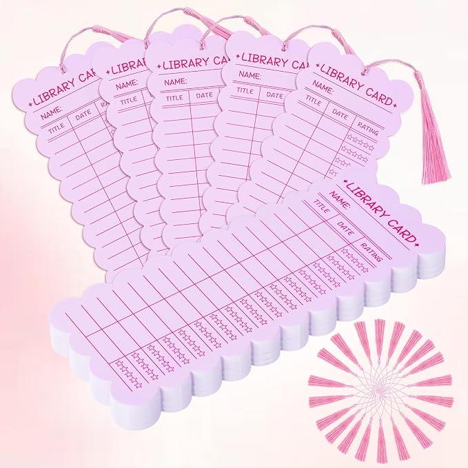 50 PCS Reading List Bookmarks Book Tracker with 50 Bookmark Tassels Reading Log Bookmark 3 x 8 Inch Pink Library Card for Reading for Teacher Women and Book Lovers (100 PC Pink)