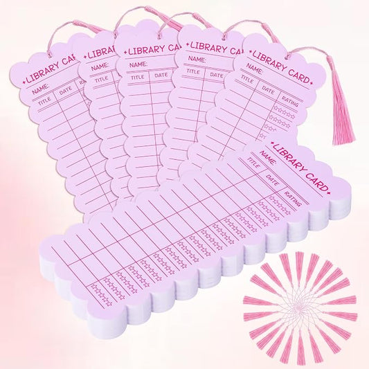 50 PCS Reading List Bookmarks Book Tracker with 50 Bookmark Tassels Reading Log Bookmark 3 x 8 Inch Pink Library Card for Reading for Teacher Women and Book Lovers (100 PC Pink)