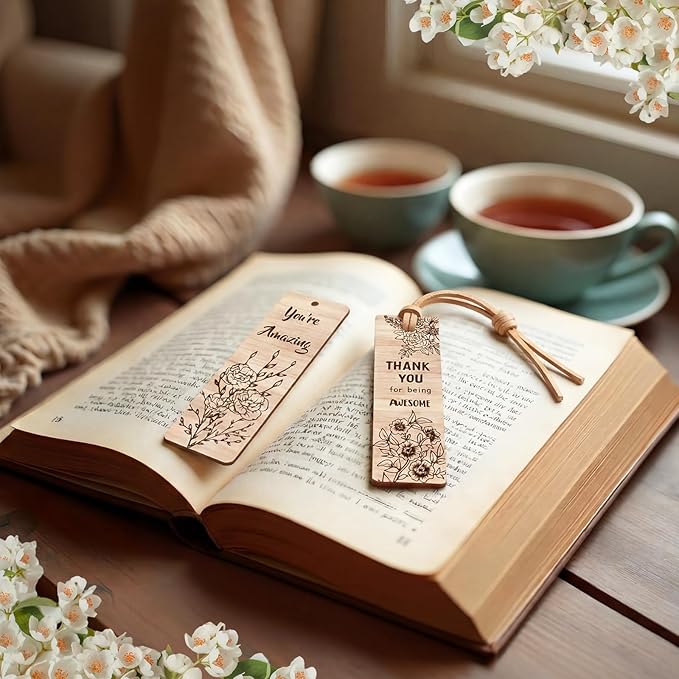 Resurhang 50 Pcs End of Year Classroom Gifts Bulk Wood Inspirational Bookmarks with Floral Encouraging Team Thank You Gift for Women Employee Coworker Paraprofessional Colleagues Teachers
