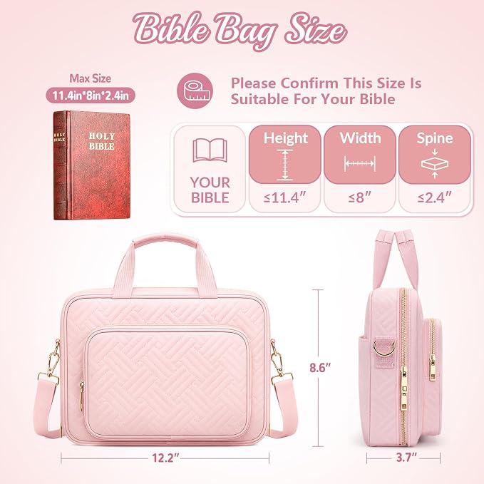 XKDOUS Bible Cover Case for Women, Quilted Large Bible Bag with Shoulder Strap, Bible Study Supplies with Highlighters, Tabs & Journaling Kit, Christian Gifts for Mom & Women (Pink)