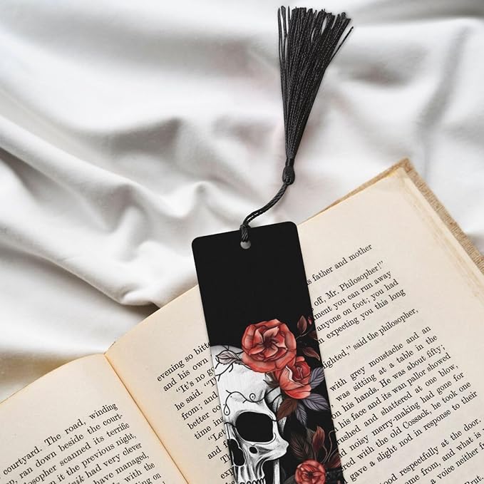Flowers and Skull Double-Sided Printed Wooden Bookmarks, Artistic Book Accessories Birthday Presents for Men Women Presents for Book Lovers