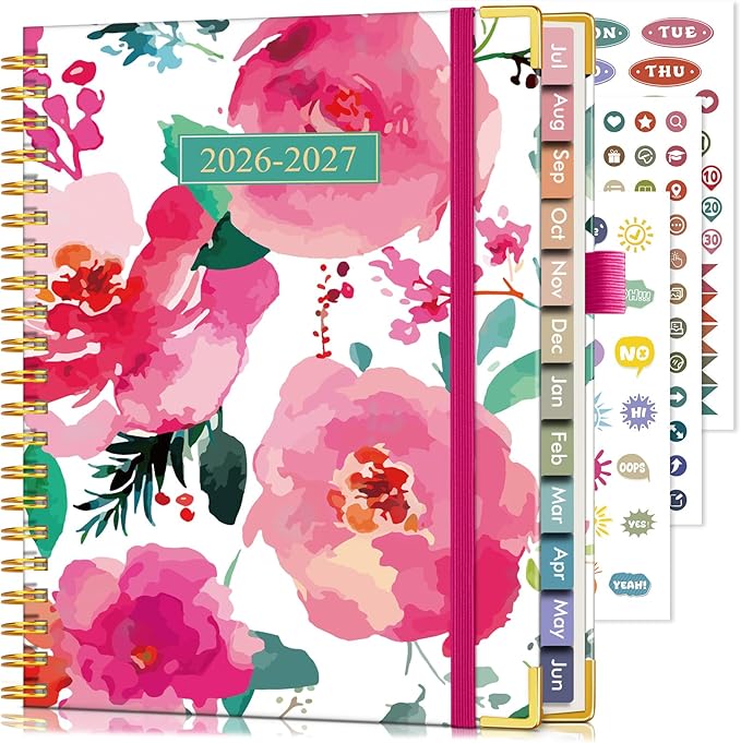 Academic Planner 2026-2027, Hardcover Leather Weekly and Monthly Calendar Planner from July 2026 - June 2027, A5 6.1" x 8.2" Daily Agenda with Tabs, College School Organizer for Student Teacher, Watercolor Blooms
