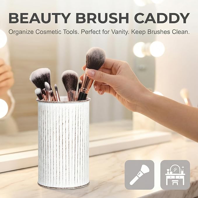 Metal Pen Holder with Vertical Groove Design, Multipurpose Desk Organizer Cup for Pens, Makeup Brushes, Utensils, Straws & Small Vase, Solid White