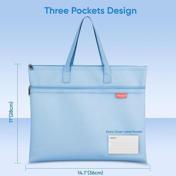 Wisdompro Triple Pocket Zipper Pouch with Handle, Letter Size Mesh File Bag, Water-Resistant Document Storage for Cross Stitch, Puzzle Project, Travel and Office - Blue