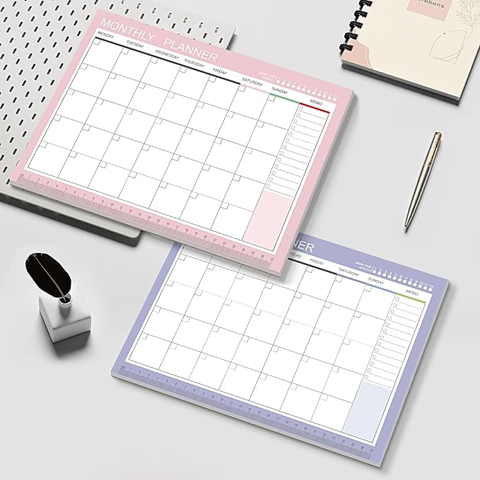 Phyxin Undated Planner, 54 Sheets Blank Calendar, 11.2" x 8.3" Monthly Calendar Planner, Tear Off Undated Monthly Planner with Memo for Women, Students, Teachers, Pink