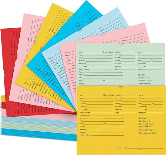 Watersay 120 Pcs 9 x 12 In Vehicle Dealer Jackets for Car Sales 32lb Colored Printed Deal Envelopes Dealership Supplies File Jackets Automotive Folders for Car Dealerships (Classic,Colorful)