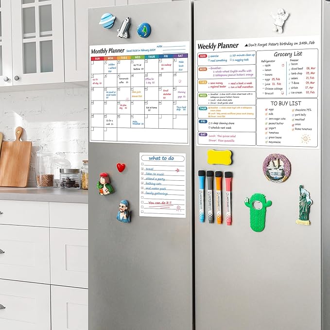 Dry Erase Magnetic Calendar for Refrigerator, 3 Pack- Monthly & Weekly & Daily Planner Magnet Whiteboard for Fridge Wall Door - Shopping, Meal/Menu, to Do List, Family Schedule Planning Board (D)
