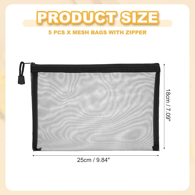 PATIKIL A5 Mesh Zipper Pouch Bags, 5 PCS Mesh Bags with Zipper Plastic Storage Pocket for Organizing File Beads Office Home Supplies, 18x25cm, Black