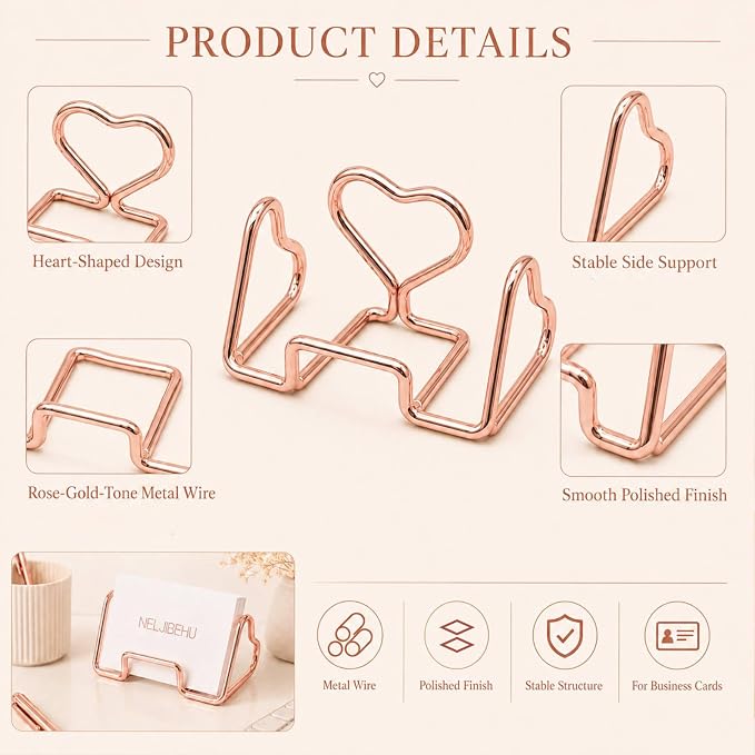 Heart Business Card Holder for Desk, Metal Business Card Stand Organizer, Cute Desktop Display for Name Cards, Photos and Notes, Office Reception Wedding Table Decor (rose gold)