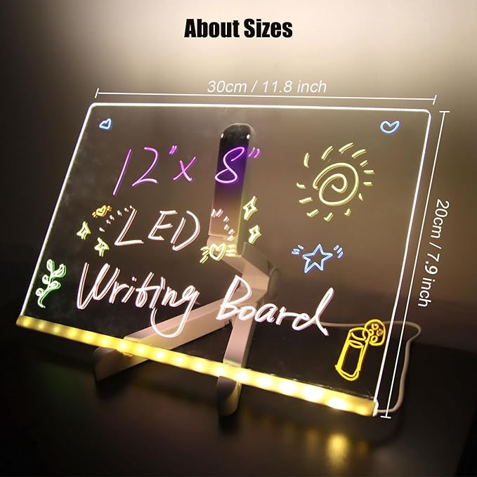 LED Note Board with Colors, Acrylic Dry Erase Board with Light and Stand, Glow Memo Letter Board Note Glass Led White Board with 7 Pen for Office School Home