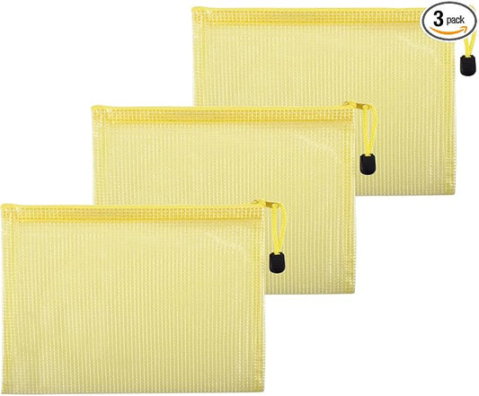 3 Pcs 4.72" x 6.3" A6 Sizes Mesh Zipper Pouch Bags, Mesh Bags with Zipper，Waterproof Clear document pouch for Organization Puzzles Travel, Office, Classroom Organization, A6 Yellow