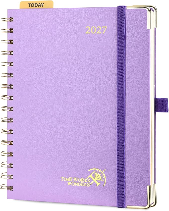 POPRUN 2027 Planner Daily Weekly and Monthly Calendar with Hourly Schedule(Medium Size 8.5'' x 6.25'' Wire-Bound Hard Cover) - Agenda 2026 (Jan.2027-Dec.2027), Monthly Tabs - Violet