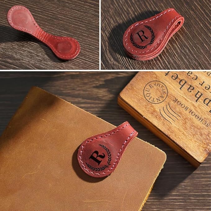 Personalized Magnetic Leather Bookmark, 26 Letter Initial Bookmarks, Multi-Functional for Women, Teachers, Book Lovers (K, Light Brown)