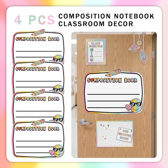 Gueevin 4 Pcs Large 23 * 16.5 inch Composition Book Cutouts Composition Notebook Bulletin Board Trim for Classroom Door First Day of School Wall Windows Porch Sign(Color)