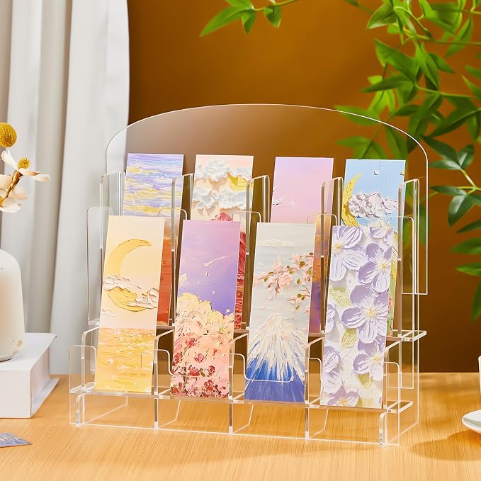 Yuntau Acrylic Bookmark Display, Adjustable 2. 2'' Bookmark Stand, Portable Sticker Holder, Curved Pockets Greeting Card Display for Business Vendor, Retail Store Shop(Detachable,8 Pockets)