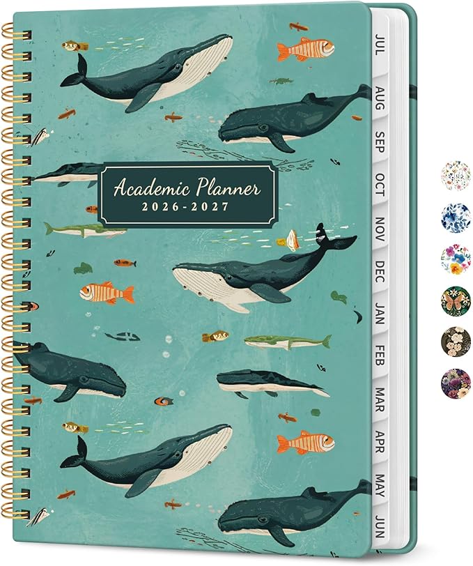 Planner 2026-2027, Academic Year Monthly and Weekly Calendar Planner, Jul 2026 - Jun 2027, Hardcover Teacher Student Planning Agenda book with Tabs, Perfect for School Office Supplies, 6.3" x 8.5" - Depths Whale