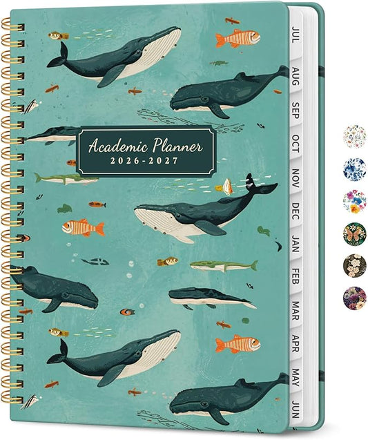 Planner 2026-2027, Academic Year Monthly and Weekly Calendar Planner, Jul 2026 - Jun 2027, Hardcover Teacher Student Planning Agenda book with Tabs, Perfect for School Office Supplies, 8.5" x 11" - Depths Whale