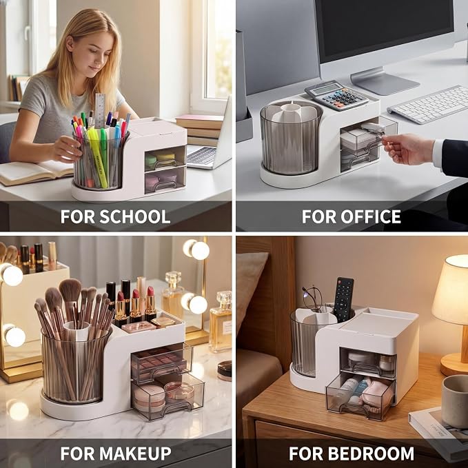 Desk Organizer with 2 Drawer, 360°Rotating Pencil Holder for Desk , Multi-Functional Makeup Organizer, Workspace organizers for School, Home, Office Supplies, Desk Organizers and Accessories