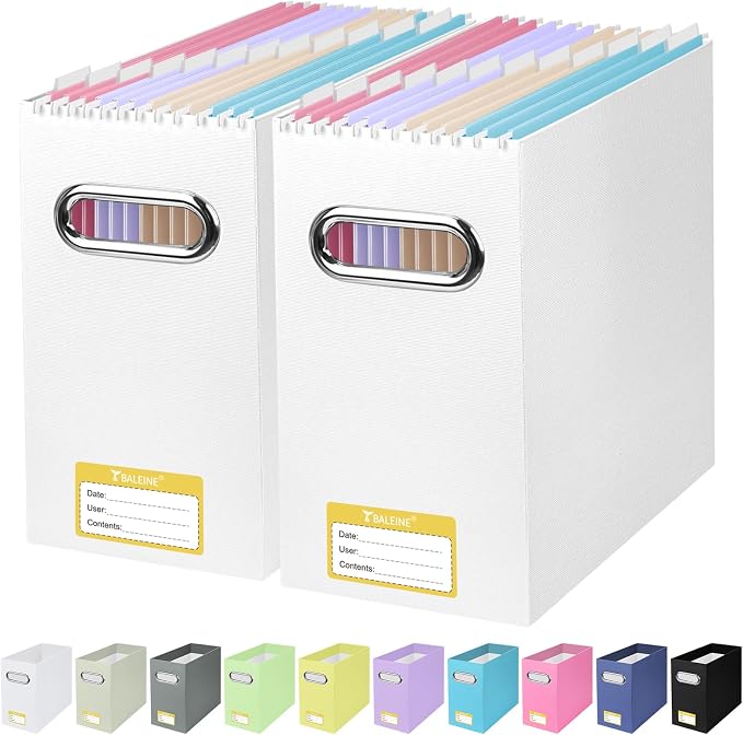 BALEINE File Organizer Box, Cardboard File Folder Organizer with Handle for Letter Size, Portable Collapsible Hanging Filing Box for Home Office Document Storage (2 Pack, White)