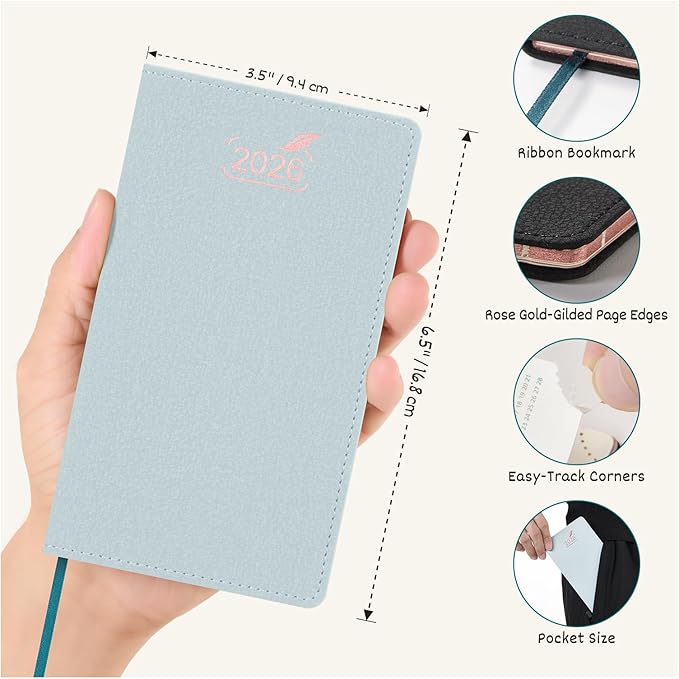 BEZEND Pocket Monthly Planner 2026, Small Calander Book 3.5" x 6.5" Runs Dec 25 to Jan 27, 14-Months Slim Planner for Purse with Rose Gold-Glided Paper Edge & PU Leather Softcover in Dutch Blue