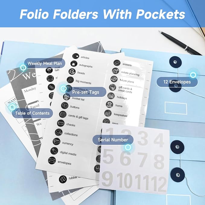 Folio Document Organizer with Labels-Important Document Organizer, Important Folders with Pockets,File Stylish Binder for Storing Important Papers, Certificates, Passports, Photos, and Letters