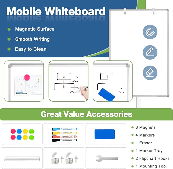 Mobile Whiteboard, 40"x28" Magnetic White Board with Stand, Height Adjustable Flip Chart Easel, Dry Erase Standing Whiteboard for Office, Teaching