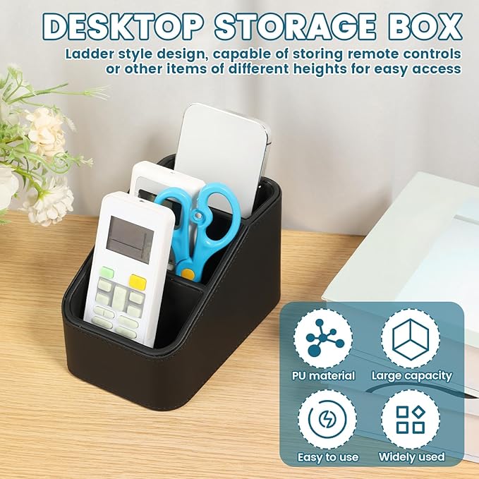 PU Remote Control Holder, Remote Caddy Box with 3 Compartments for Nightstand Bedside Table Couch Desk, Small Storage Organizer for Glasses,Pens,Cosmetics,Office Supply