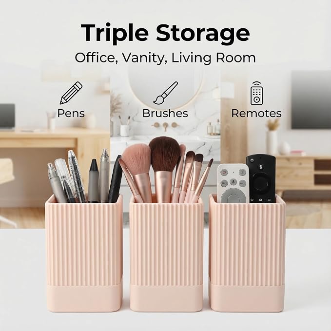 3 Pack Aesthetic Pen Holder for Desk-Sturdy Plastic Pencil Holder - Stylish Makeup Brushes Cup for Women Girls - Cute and Functional Desk Organizer for Office Supplies - Modern Office Decor Pen Cup