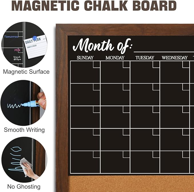 4 THOUGHT Chalkboard Calendar Corkboard Combo, 24" x 36" Large Bulletin Board Magnetic Calendar Chalkboard for Wall Combination Board Monthly Planner Rustic Brown Frame 4 Markers 8 Magnets 10 Pushpins
