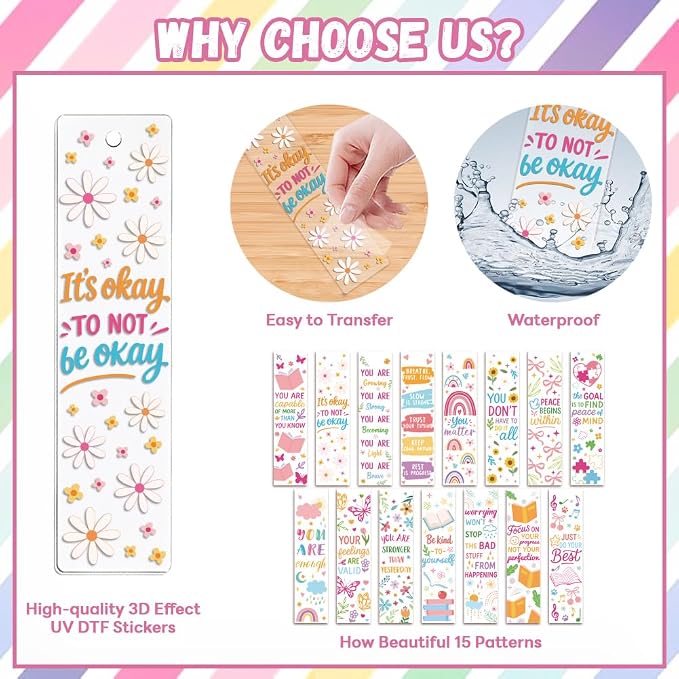 Peacoblue 30pcs UV DTF Bookmarks Transfer Stickers Wraps Mental Health Copywriting for Women Men Reading, Waterproof Bookmarkers Decal(No Blank Bookmarks) for Acrylic Plastic Metal Blank Bookmark