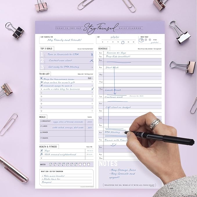 Daily Notepad Planner Schedule To Do List - Stay Focused 50 Tear Off Premium USA (Purple Taro)