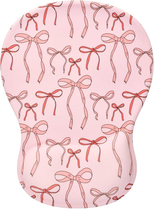 Cute Bow Mouse Pad Wrist Support Wrist Rest, Ergonomic Mouse Pad with Non-Slip Base for Office Gaming Working Computers, Desk Accessories Workspace Organizers,Light Pink Bow Knots